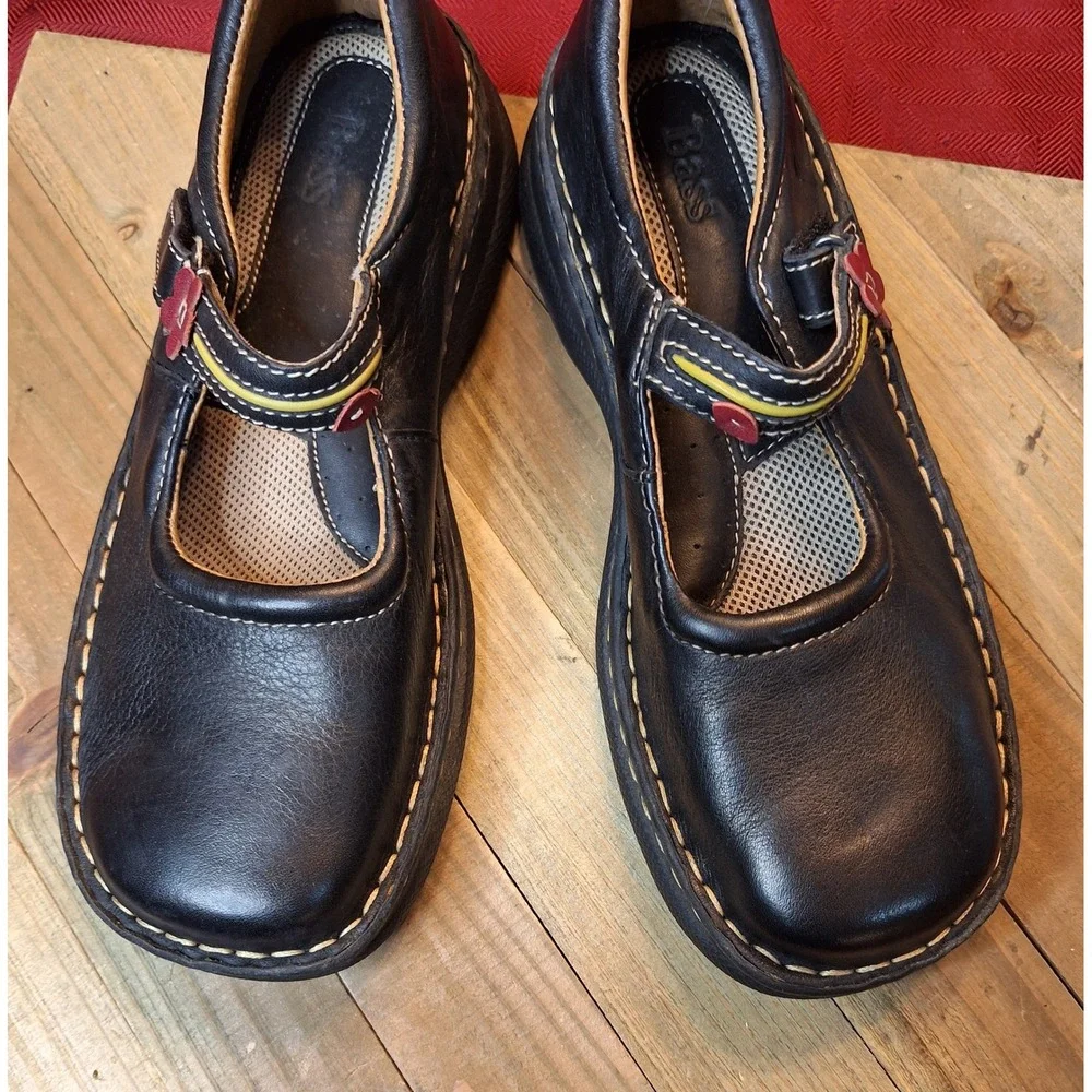 GH‎ Bass Alena Girls Black Leather Mary Jane Flower Shoes Size 4.5 M